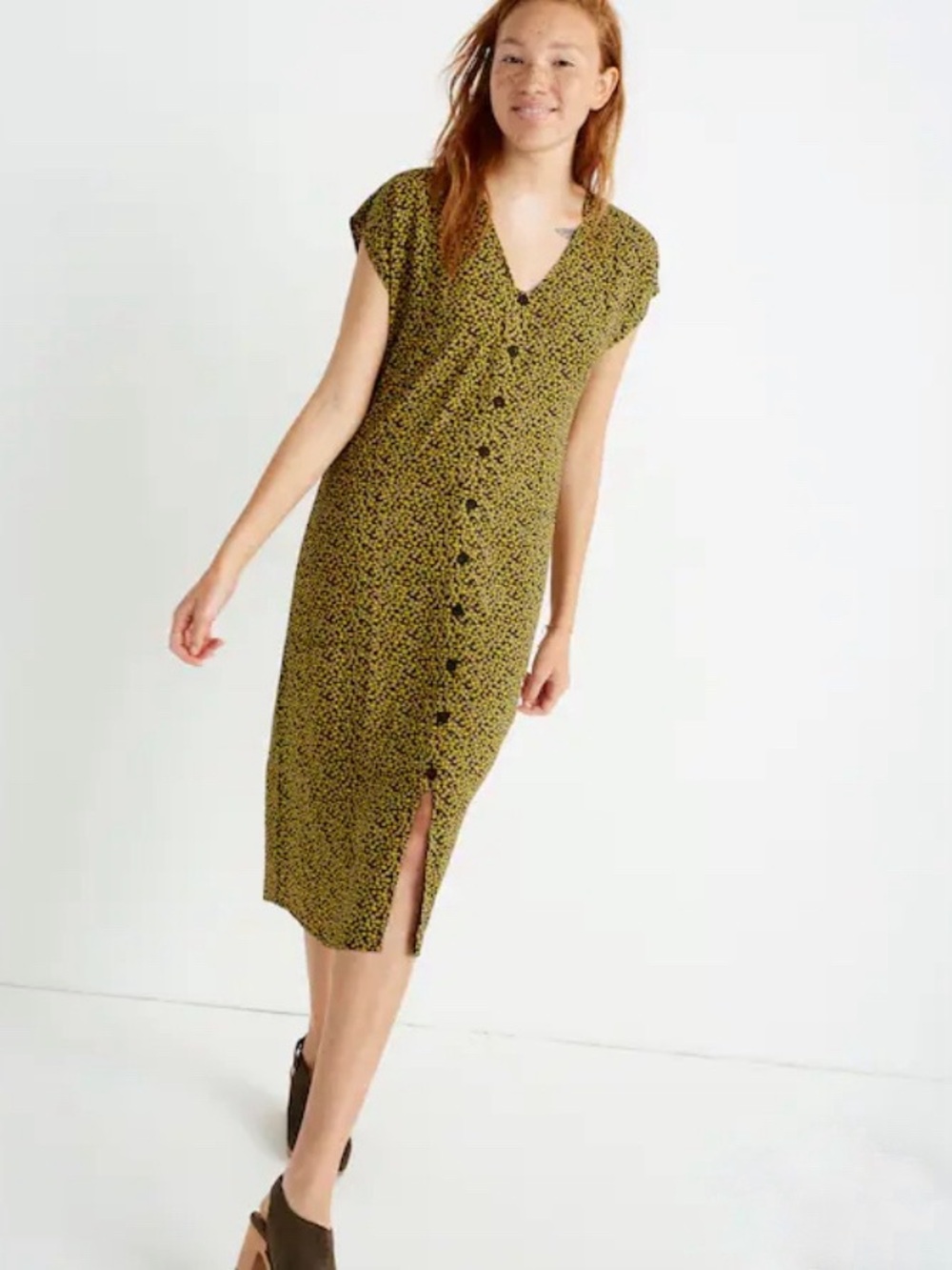 Madewell Easy Midi Dress Size M Yellow Bitsy Floral Printed Button Front Spring